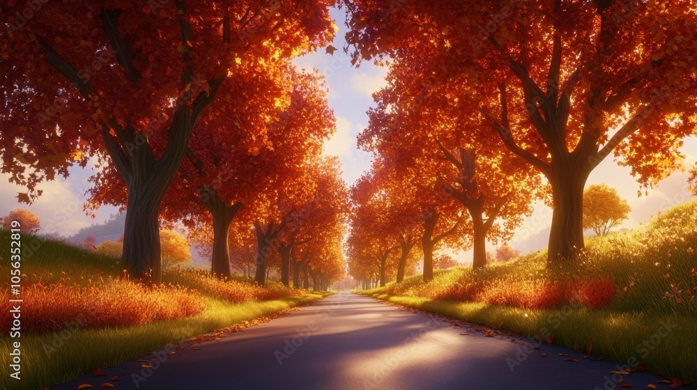 Naklejka premium Serene Autumn Road with Vibrant Orange Trees