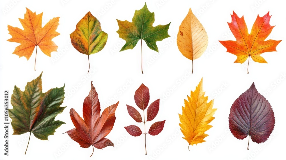 Artistic depiction of different tree leaves, isolated on a white background to focus on their natural elegance and detail Artistic depiction of different tree leaves, isolated on a white background to focus on their natural elegance and detail