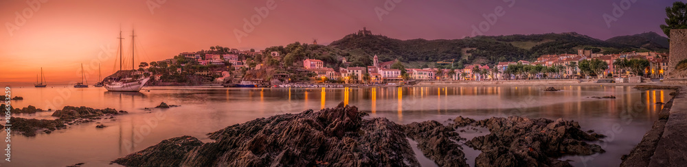Panoramic of Sunrise In The Beach Port D'avall In The Charming Town Of Collioure In The South Of France. French Catalan Coast. Mediterranean