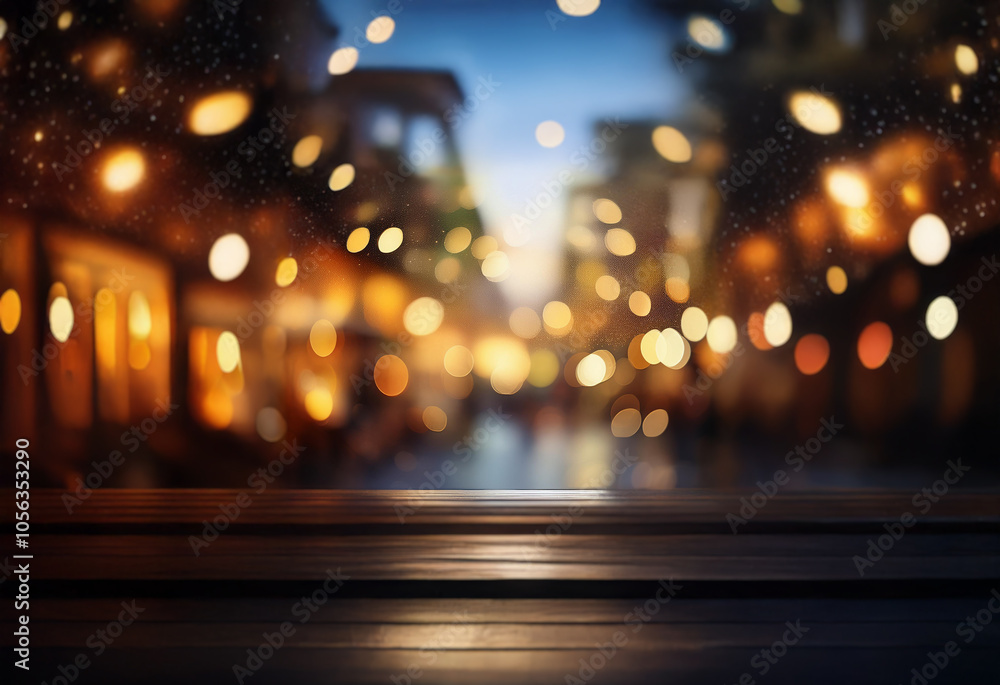 A wooden table top with a blurry, nighttime city scene in the background. A wooden table top with a blurry, nighttime city scene in the background.