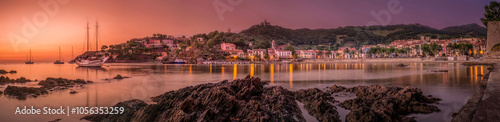 Obraz na płótnie Panoramic of Sunrise In The Beach Port D'avall In The Charming Town Of Collioure In The South Of France. French Catalan Coast. Mediterranean w salonie