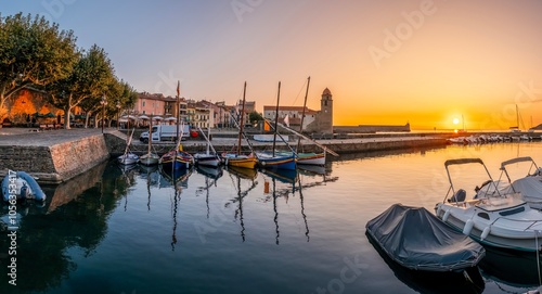 Obraz na płótnie Traditional Catalan Fishing Boats In The Harbor Of The City Of Collioure, With The Church Of Notre-dame-des-anges Visible In The Background, France. w salonie