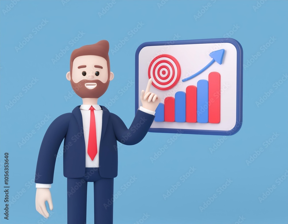 3D businessman points to a graph showing growth towards a target 3D businessman points to a graph showing growth towards a target