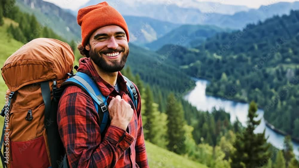 A man with a backpack smiles while hiking in a mountainous region A man with a backpack smiles while hiking in a mountainous region