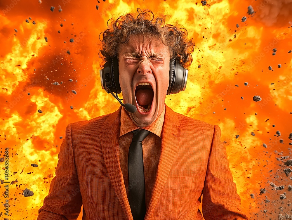 Intense Gamer Amid Explosive Background Visuals Intense Gamer Amid Explosive Background Visuals