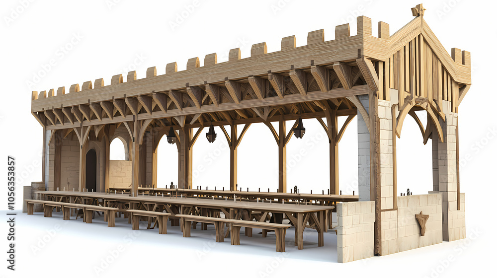 Fototapeta premium 3d render, low poly style of medieval banquet hall with long tables, on isolated white background. Medieval Banquet Hall. Illustration