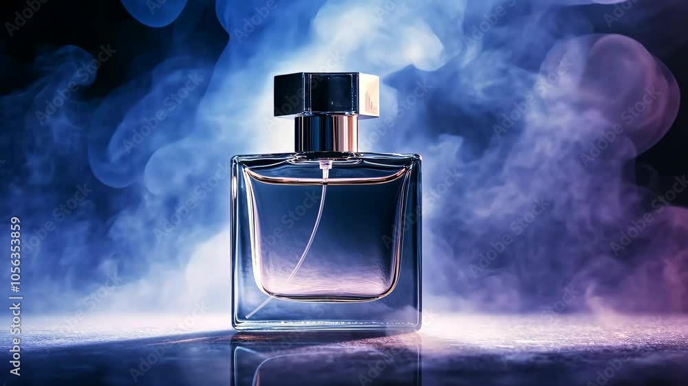 A bottle of perfume sits on a reflective surface, surrounded by a swirling cloud of blue smoke A bottle of perfume sits on a reflective surface, surrounded by a swirling cloud of blue smoke