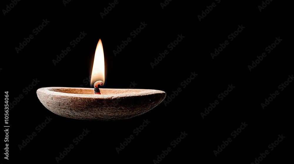 A single candle flame in a clay dish, isolated against a black background. A single candle flame in a clay dish, isolated against a black background.