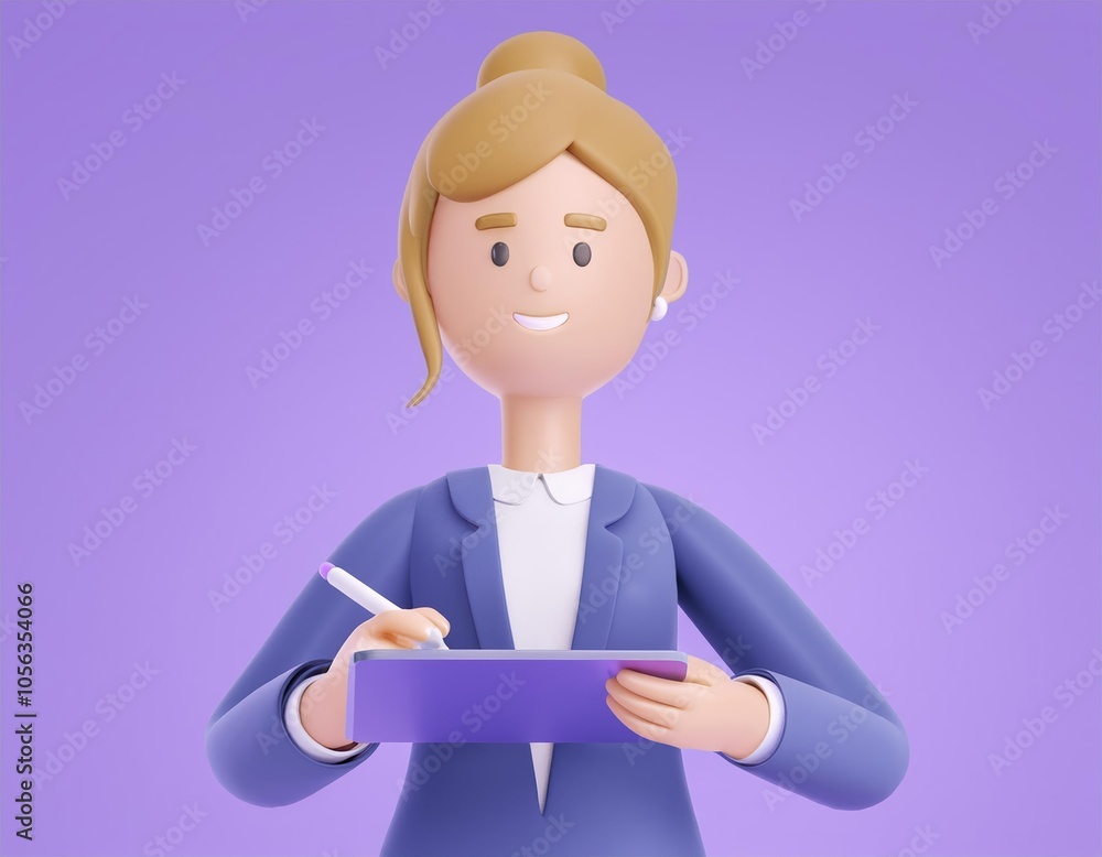3D businesswoman smiles while taking notes on a tablet 3D businesswoman smiles while taking notes on a tablet