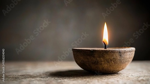 A single candle flame burns brightly in a rustic clay bowl, casting a warm glow against a dark background.