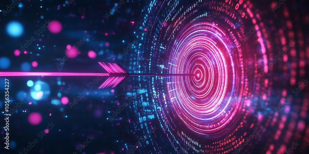3D Target with an Arrow Striking the Center, Representing Digital Precision and Objectives in a Binary Code Background 3D Target with an Arrow Striking the Center, Representing Digital Precision and Objectives in a Binary Code Background