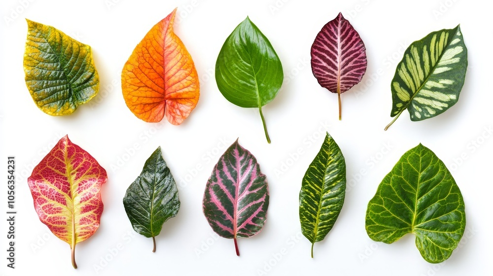 Obraz premium Artistic representation of multiple leaves from different plants, isolated on a clean white backdrop to emphasize their individual beauty