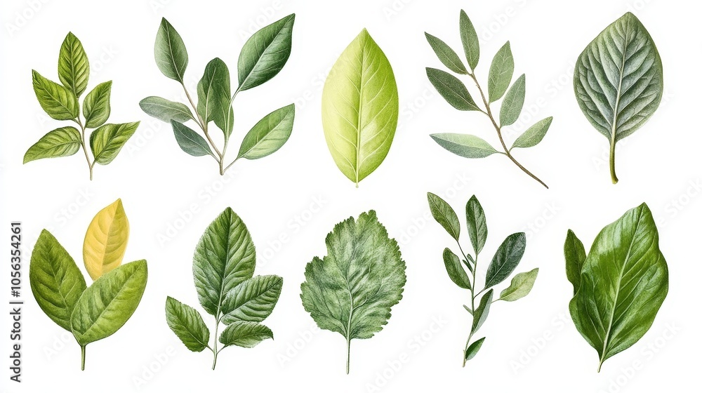 Artistic representation of multiple leaves from different plants, isolated on a clean white backdrop to emphasize their individual beauty Artistic representation of multiple leaves from different plants, isolated on a clean white backdrop to emphasize their individual beauty