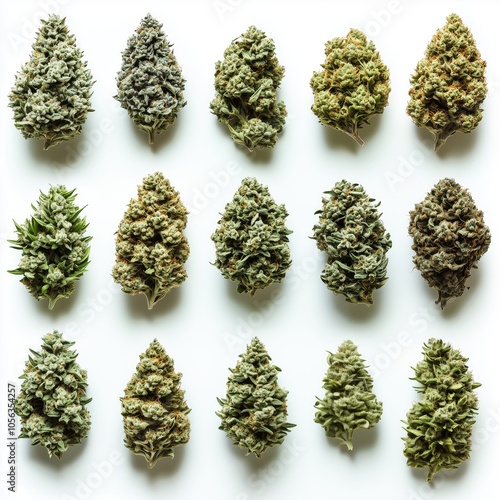 Cannabis Flower Bud Collection, Medicinal THC CBD THCa Set, Delta-8 Delta-9 Ganja Marijuana Nug Isolated on White Background