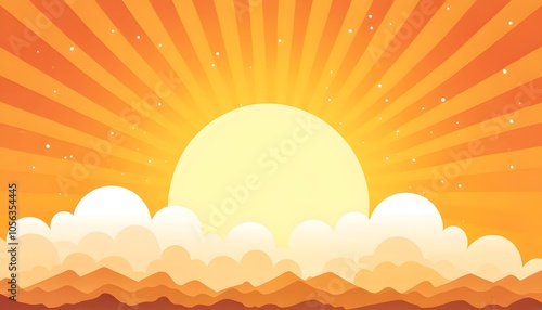 cheerful cartoon-style sunset featuring a smiling orange and yellow sun