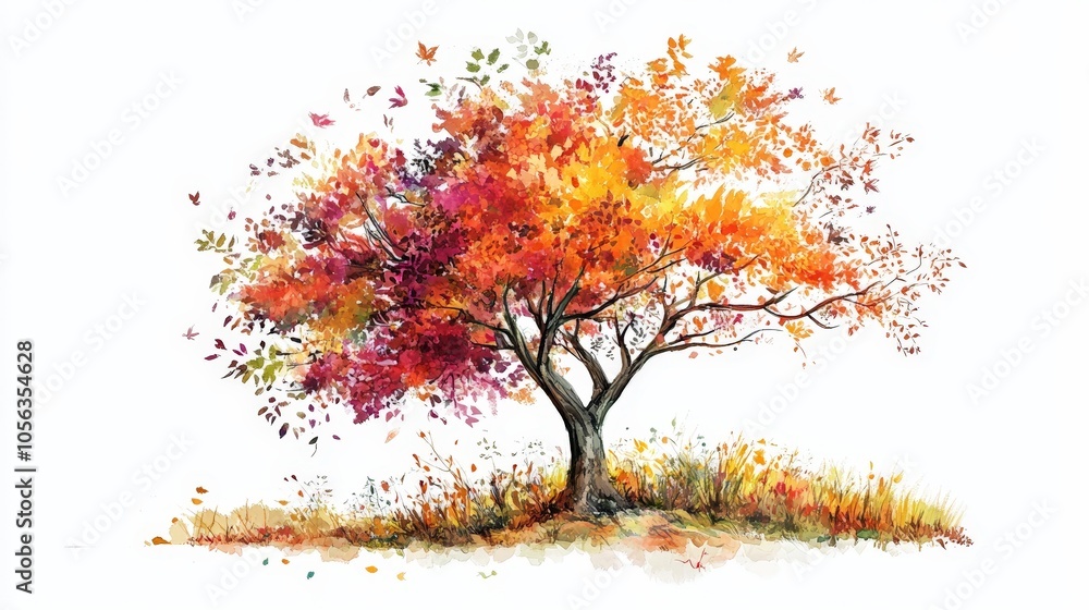 Fototapeta premium Artistic tree sketch capturing autumn foliage and plants set against a clean white canvas