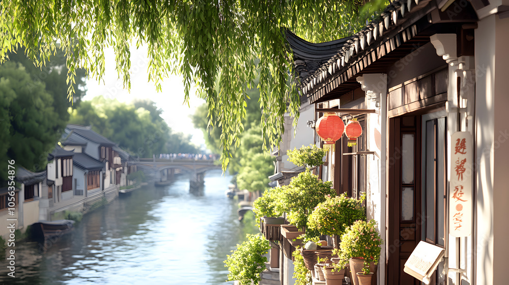 Exploring the serenity of a traditional chinese ancient river town with willow trees and tranquil waters Exploring the serenity of a traditional chinese ancient river town with willow trees and tranquil waters