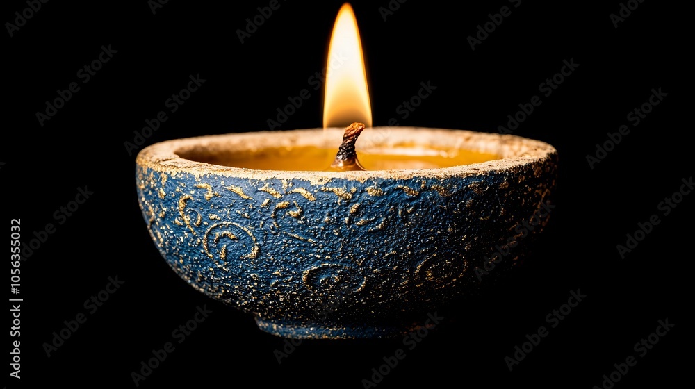 A single candle with a blue and gold decorative holder is lit against a black background. A single candle with a blue and gold decorative holder is lit against a black background.