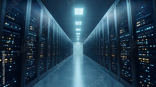 3D Render of a Data Center with Servers and Lights