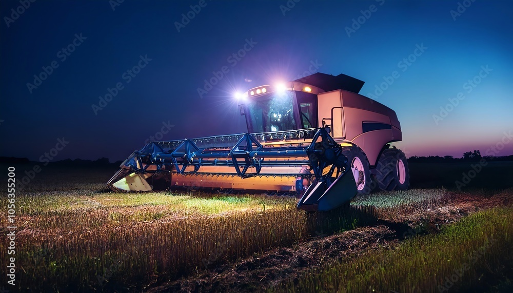 Obraz premium A high-tech harvest machine operates in a field at twilight, illuminated by powerful lights against the dusk background.