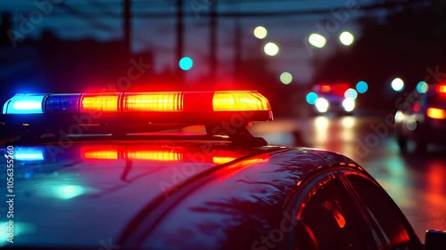 A police car with its lights flashing, parked on a wet street at night