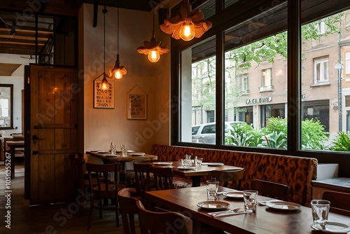 Cozy restaurant interior with empty tables, elegant decor, and large windows facing a street.