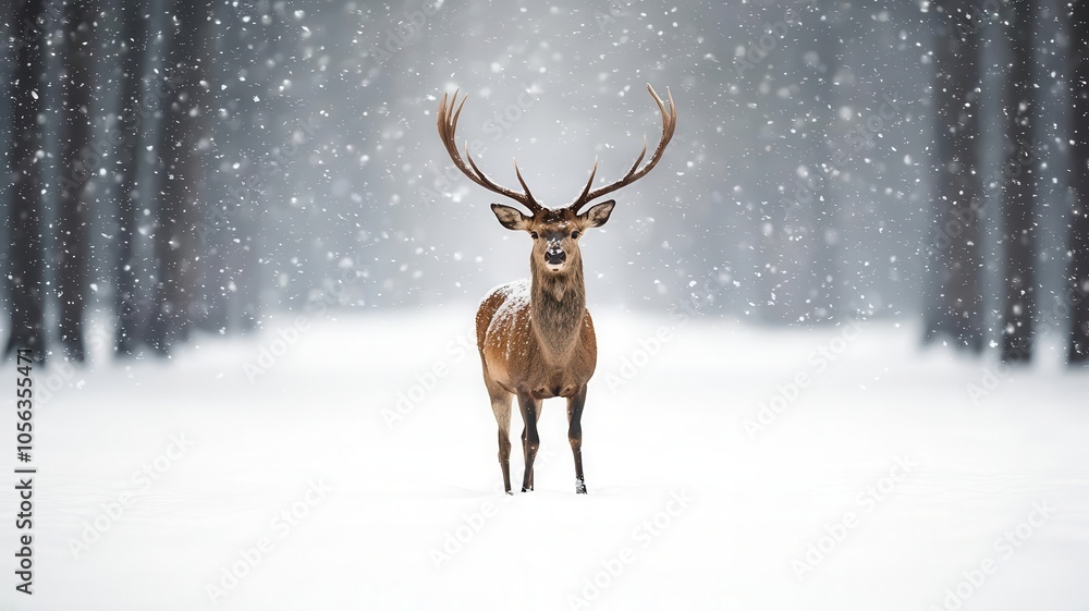 A majestic deer stands in a snowy forest, surrounded by falling snowflakes, creating a serene and tranquil winter scene. A majestic deer stands in a snowy forest, surrounded by falling snowflakes, creating a serene and tranquil winter scene.