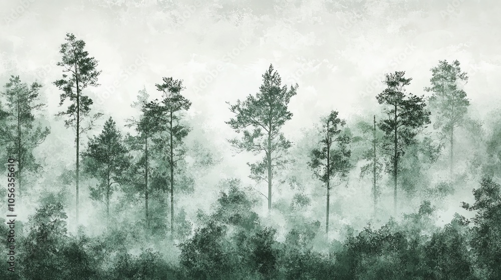 custom made wallpaper toronto digitalArtistic white backdrop of a misty evergreen forest, capturing the tranquility of the lush trees hidden in a gentle fog for a serene effect