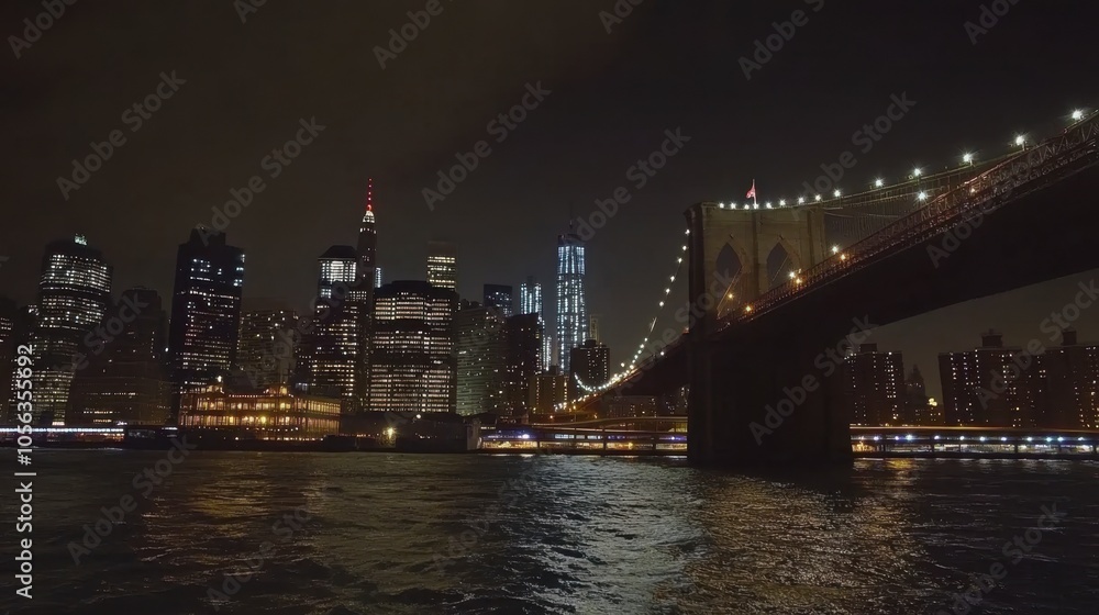 Nighttime Cityscape with Bridge and Skyscrapers Nighttime Cityscape with Bridge and Skyscrapers
