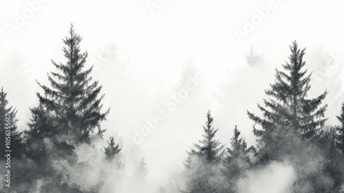 Artistic white backdrop of a serene evergreen forest, with mist enveloping the tall trees, creating a peaceful and ethereal scene