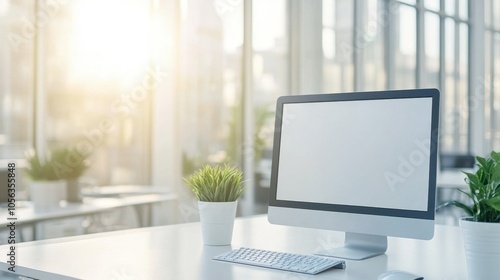 Bright Office Workspace with Computer and Plants