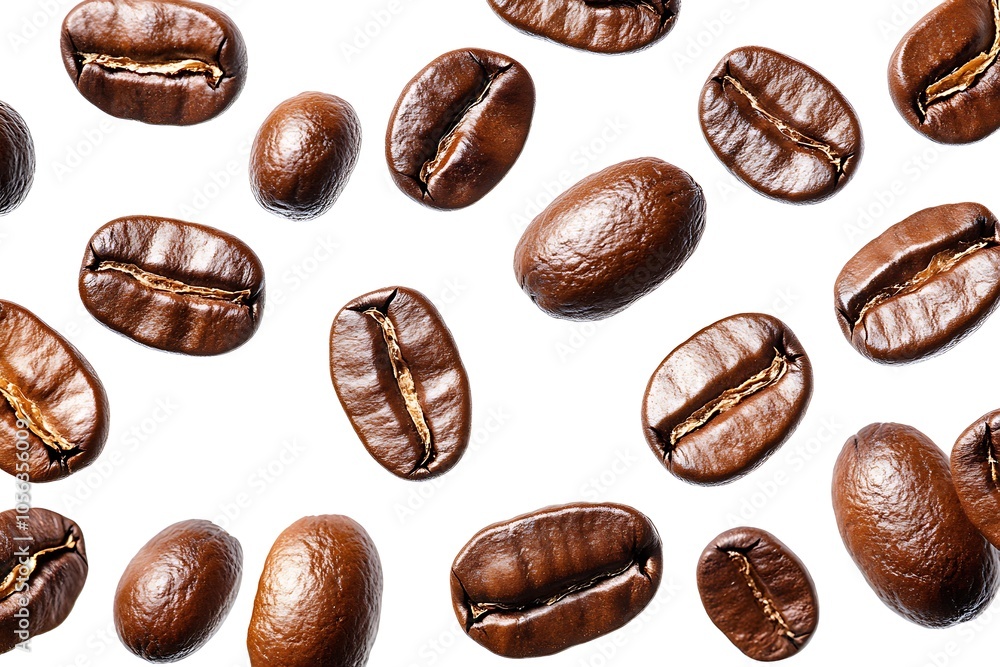 Roasted coffee beans floating against a white background, perfect for coffee-related projects Roasted coffee beans floating against a white background, perfect for coffee-related projects