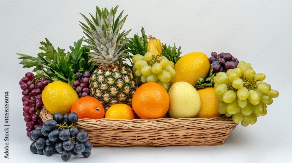 Artistic white backdrop showcasing a pineapple and other fruits in a fruit basket, capturing the fresh and tropical essence of plant-based food Artistic white backdrop showcasing a pineapple and other fruits in a fruit basket, capturing the fresh and tropical essence of plant-based food