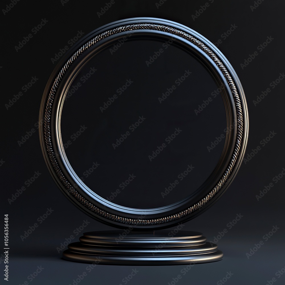 hyper realistic black background image of a circular stand, sitting reflective surface, facade, focus on the subjects texture, ,generative ai hyper realistic black background image of a circular stand, sitting reflective surface, facade, focus on the subjects texture, ,generative ai