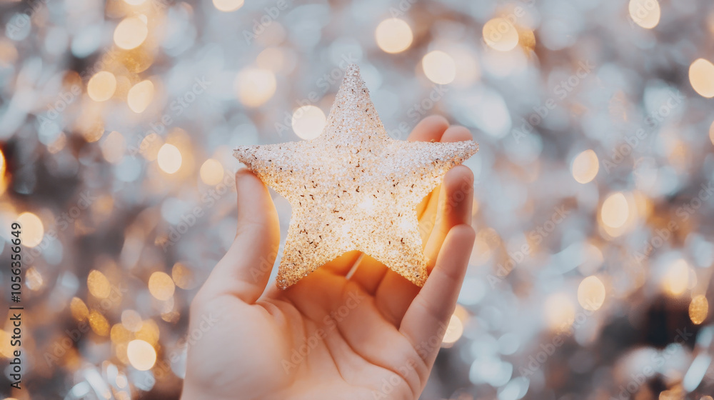 hand gently holds sparkling star ornament, radiating warmth and joy against blurred background of shimmering lights. This festive decoration symbolizes celebration and cheer hand gently holds sparkling star ornament, radiating warmth and joy against blurred background of shimmering lights. This festive decoration symbolizes celebration and cheer