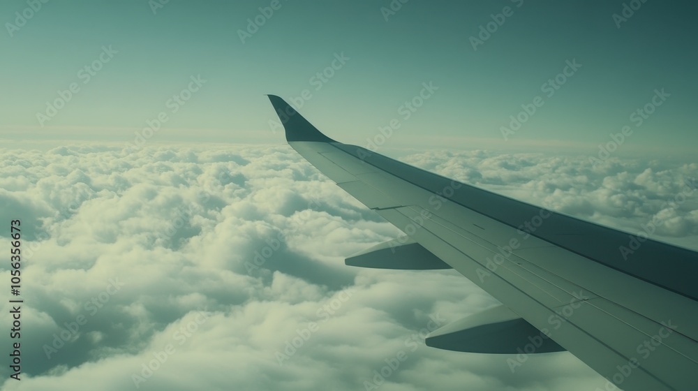 Obraz premium Airplane Wing Above Soft White Clouds