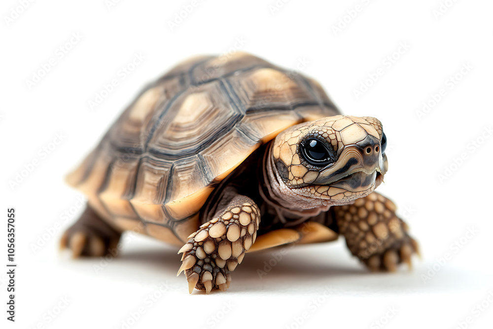 Obraz premium Cute baby african sulcata tortoise walking slowly on a white background