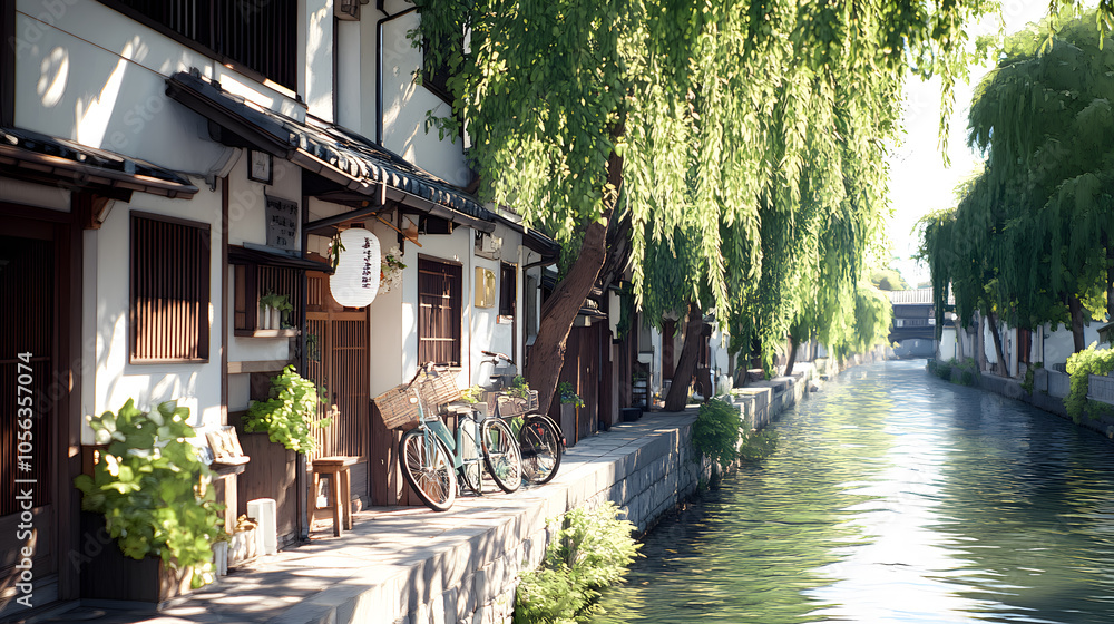 Obraz premium Exploring the serene beauty of a japanese ancient river town lined with willow trees and tranquil waters