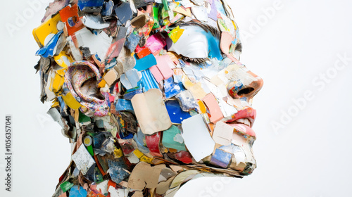 Abstract sculpture composed of various recycled materials, showcasing human face. vibrant colors and textures create striking visual impact