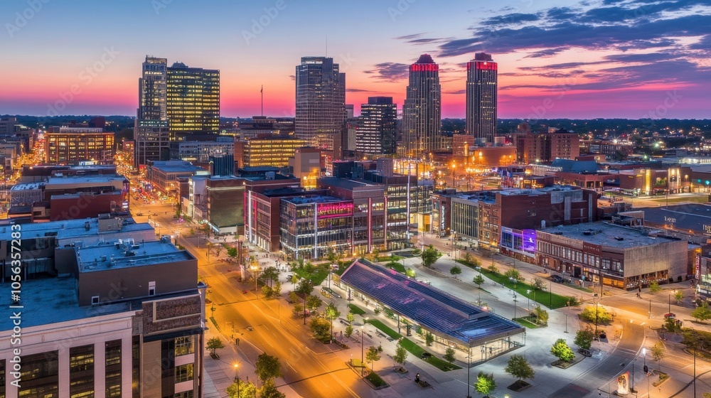 Fototapeta premium Vibrant Cityscape at Dusk with Illuminated Skyline