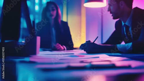 Business Meeting in a Neon Lit Office