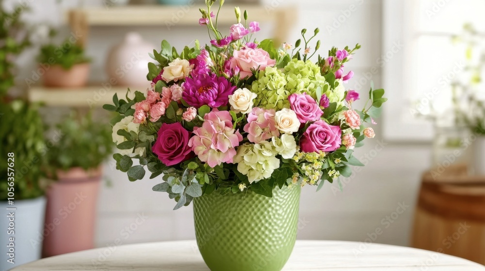Fototapeta premium Colorful Flower Bouquet in Green Vase Arrangement
