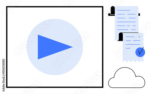 A blue play button inside a square, documents with a check mark, and a cloud icon. Ideal for media streaming, document management, cloud storage, online services, digital solutions. Minimalist vector