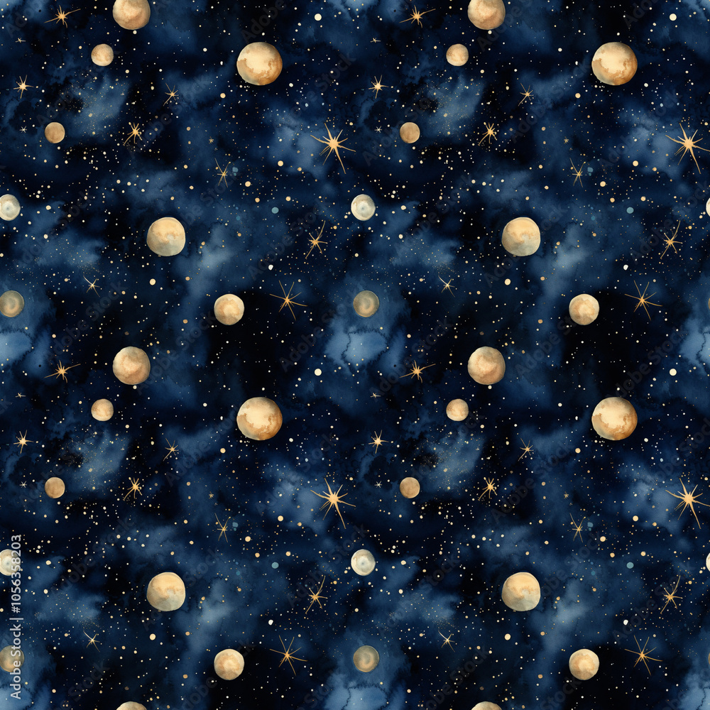 Gold and Dark Blue Galaxy Watercolor Seamless Pattern Gold and Dark Blue Galaxy Watercolor Seamless Pattern