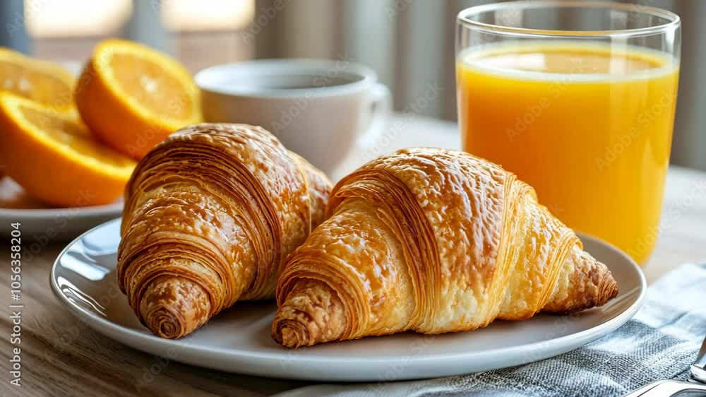 Continental breakfast with fresh croissants, orange juice and coffee, selective focuse. Video Continental breakfast with fresh croissants, orange juice and coffee, selective focuse. Video