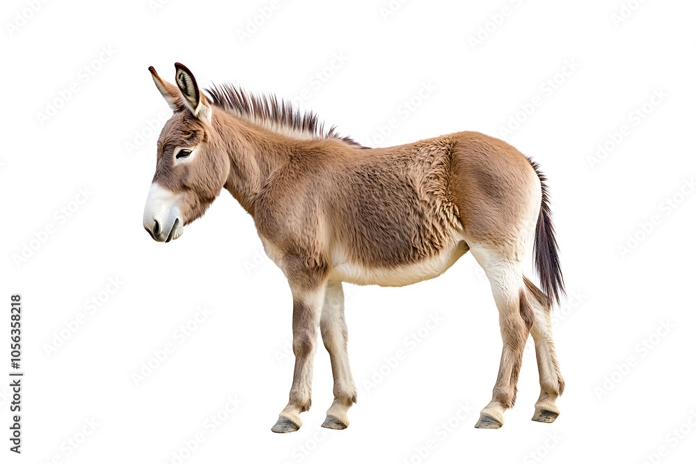 Full-length portrait of a donkey standing against a white background Full-length portrait of a donkey standing against a white background