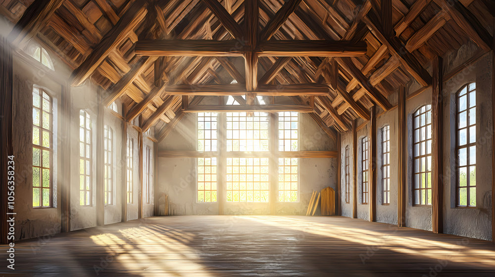A deserted medieval banquet hall with large windows allowing bright light to pour over ancient wooden beams, generative ai. Medieval Banquet Hall. Illustration A deserted medieval banquet hall with large windows allowing bright light to pour over ancient wooden beams, generative ai. Medieval Banquet Hall. Illustration