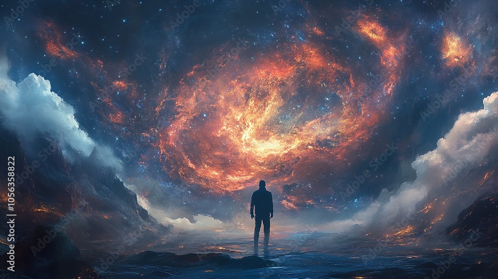 Silhouette of a Man Gazing at a Cosmic Galaxy Silhouette of a Man Gazing at a Cosmic Galaxy