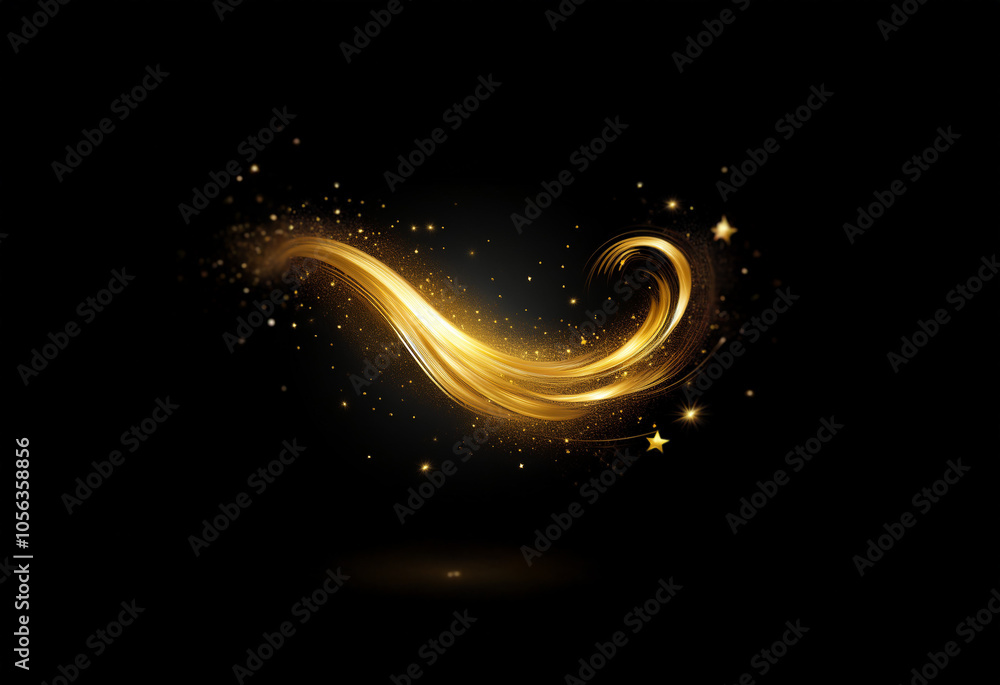 A golden light trail with a swirling shape and sparkles against a black background. A golden light trail with a swirling shape and sparkles against a black background.