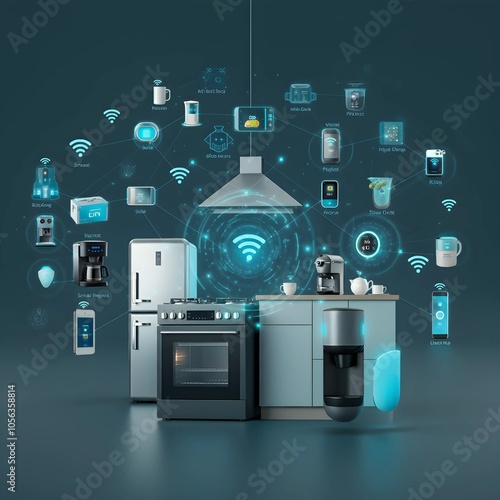 Smart home filled with connected devices powered by the Internet of Things, showcasing AI-enhanced appliances